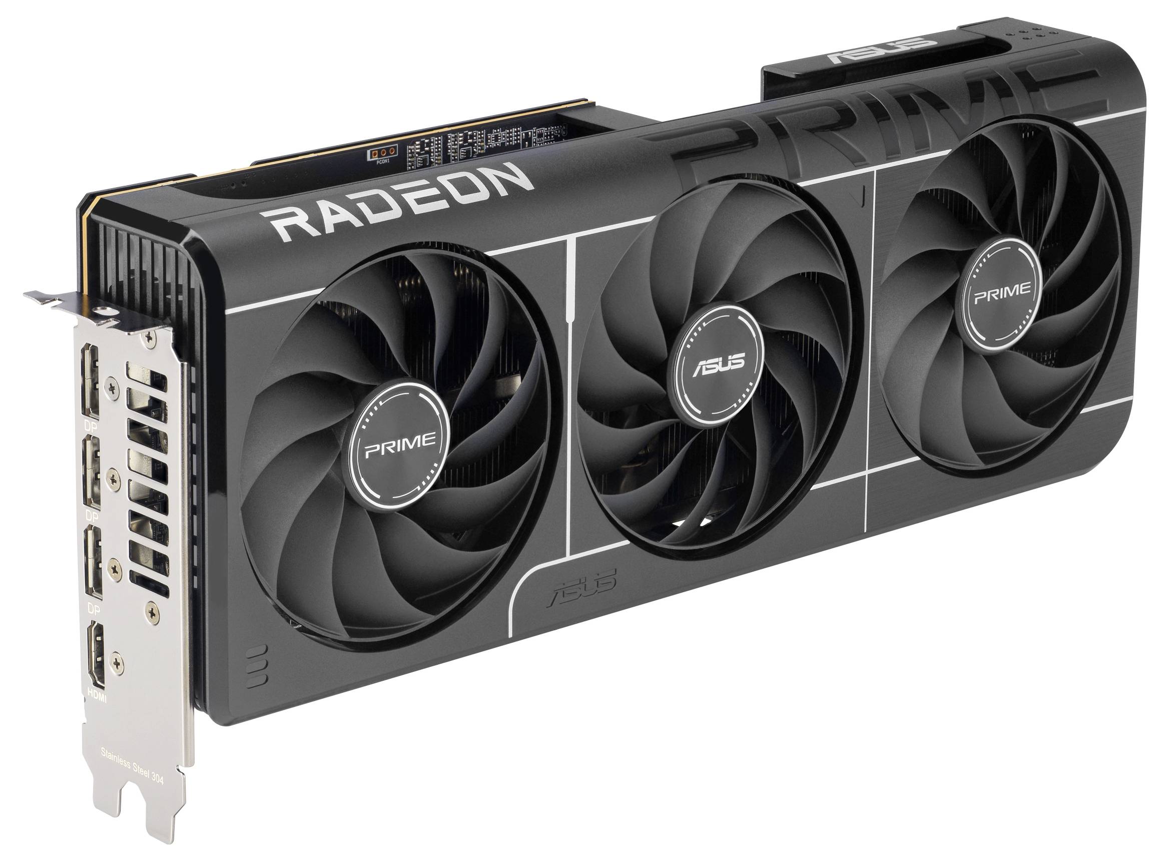 ASUS Grafikkarte mit drei Kühlventilatoren, mit den Bezeichnungen 'RADEON' und 'PRIME', ausgestattet mit mehreren Displayports an der Seite.