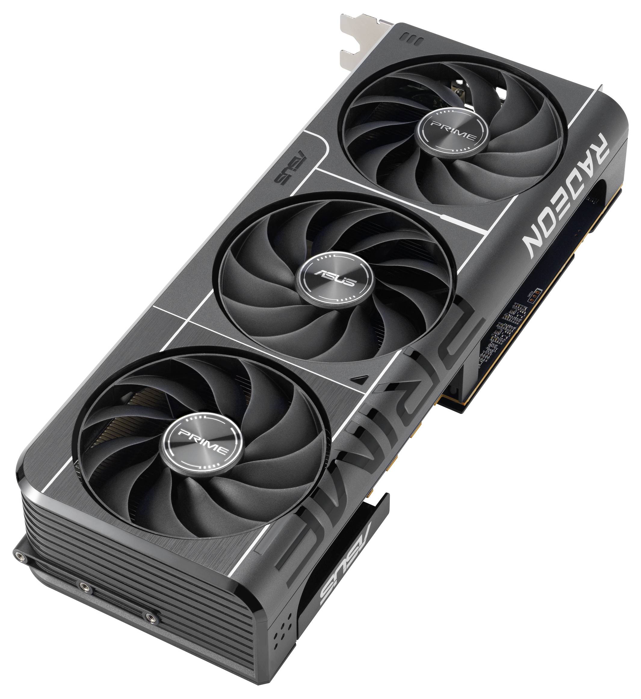 Eine große Grafikkarte mit drei Kühlventilatoren und dem Markennamen-Logo. Sie ist für High-Performance-Computing und Gaming konzipiert.