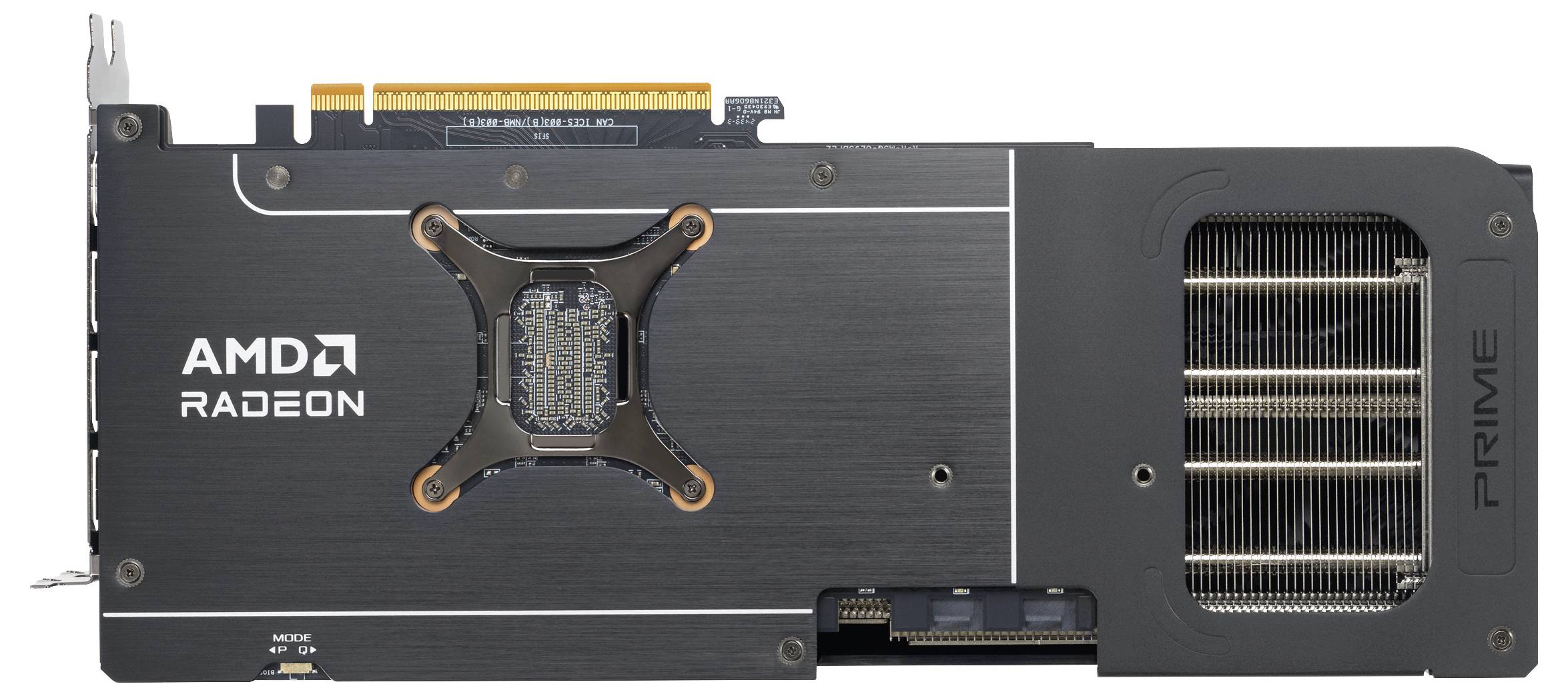 Eine Computergrafikkarte mit der Aufschrift 'AMD Radeon' mit Kühlschlitzen, die für die Bewältigung von Grafikverarbeitungsaufgaben mit hoher Leistung entwickelt wurde.