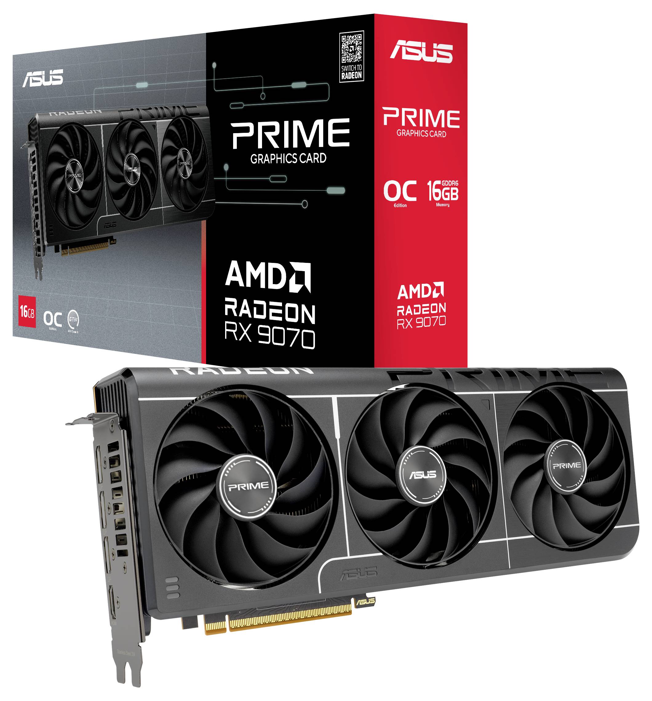 ASUS PRIME AMD Radeon RX 9070 Grafikkarte mit drei großen Kühlventilatoren, präsentiert mit Verpackung, die die Merkmale '16 GB' und 'OC' hervorhebt.