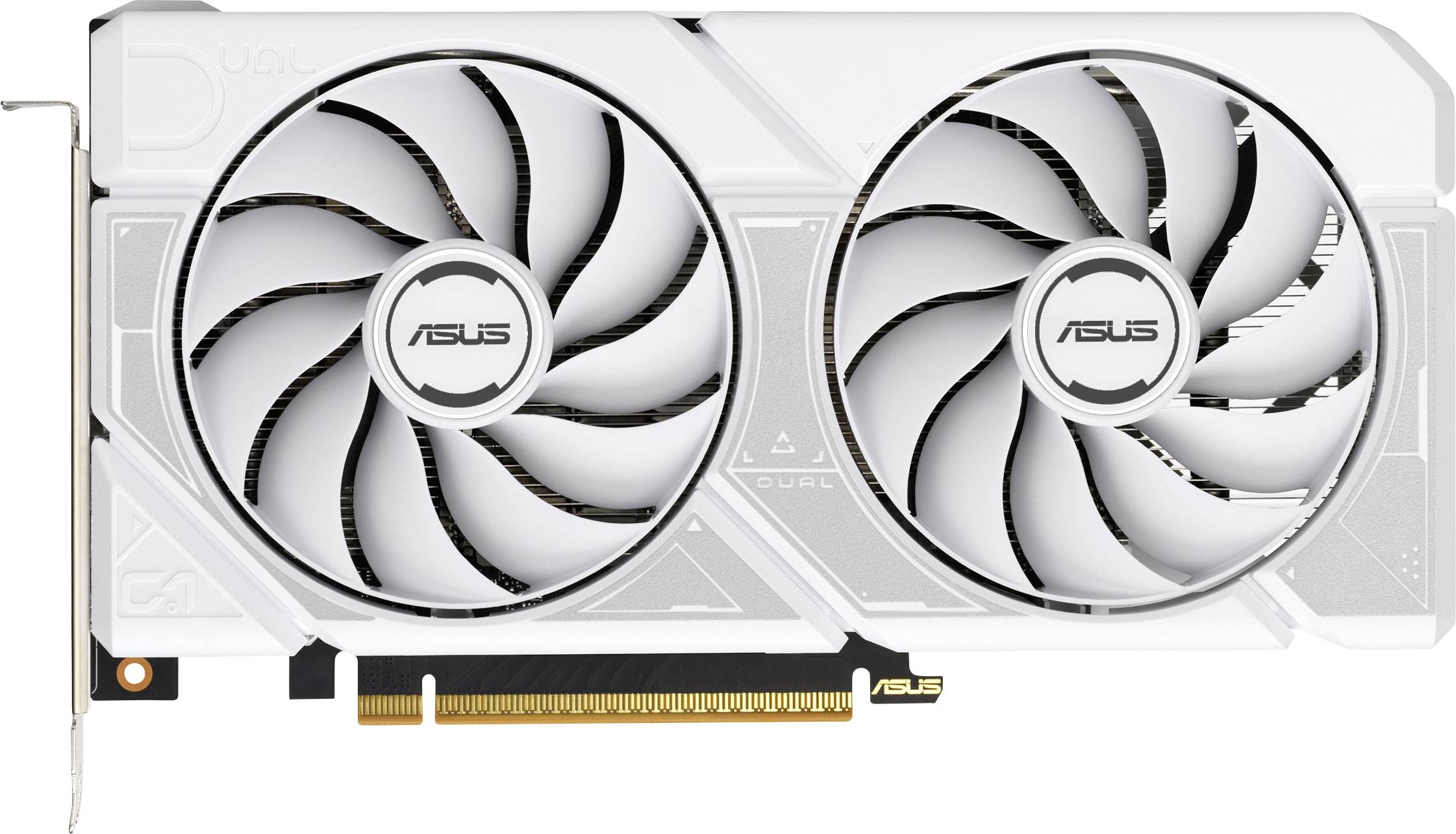 Eine weiße ASUS-Grafikkarte mit dualen Kühlventilatoren, entwickelt für verbesserte Gaming- und Videoleistung.