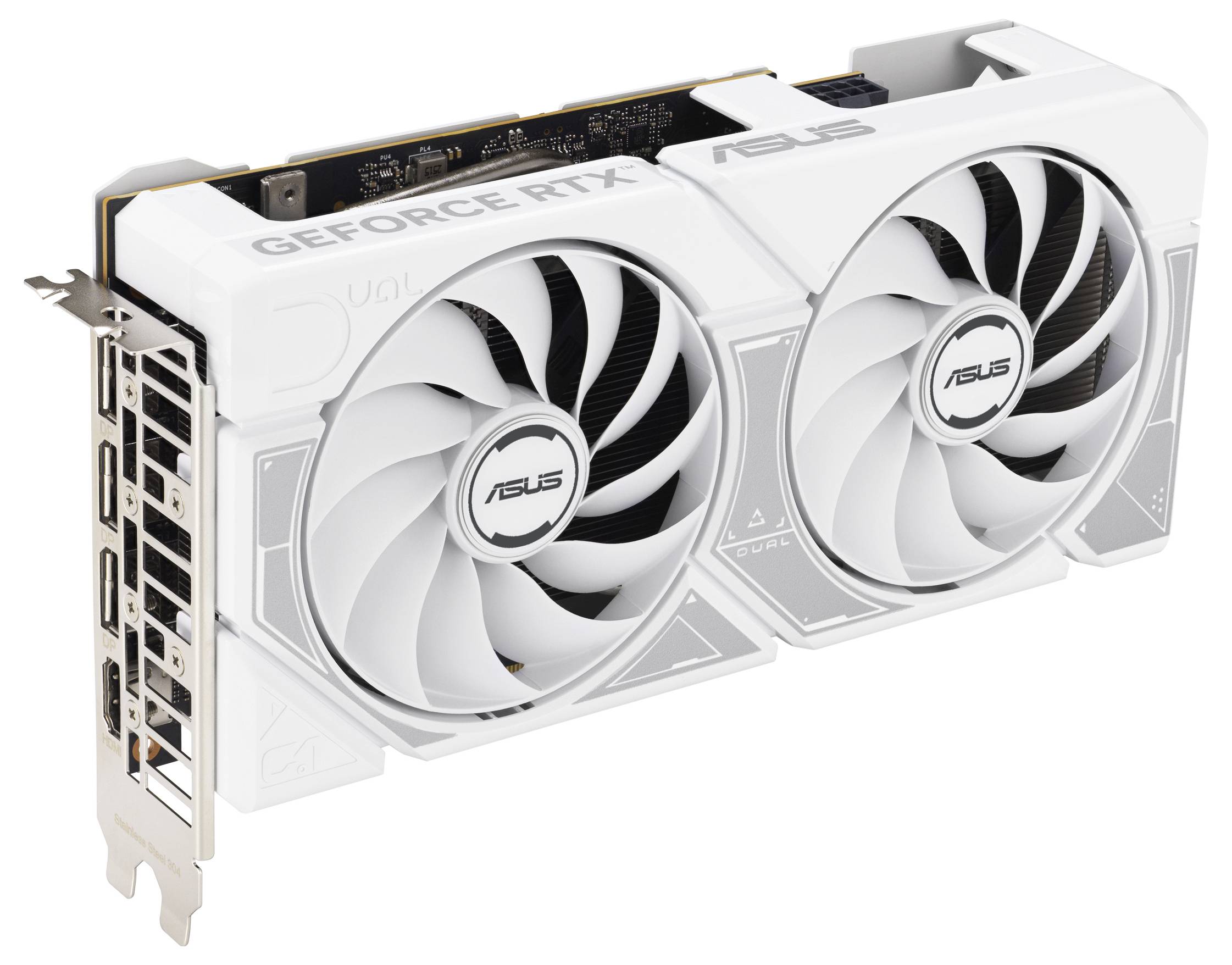 Eine weiße ASUS GeForce RTX Grafikkarte mit zwei Kühlventilatoren und mehreren Displayanschlüssen, entwickelt für verbesserte Grafikleistung.