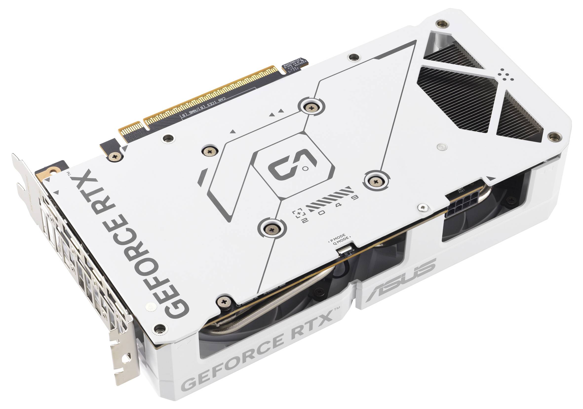 Eine weiße GeForce RTX Grafikkarte von ASUS mit elegantem Design, sichtbaren Kühlungsöffnungen und einem 'G' Logo auf der Rückseite.