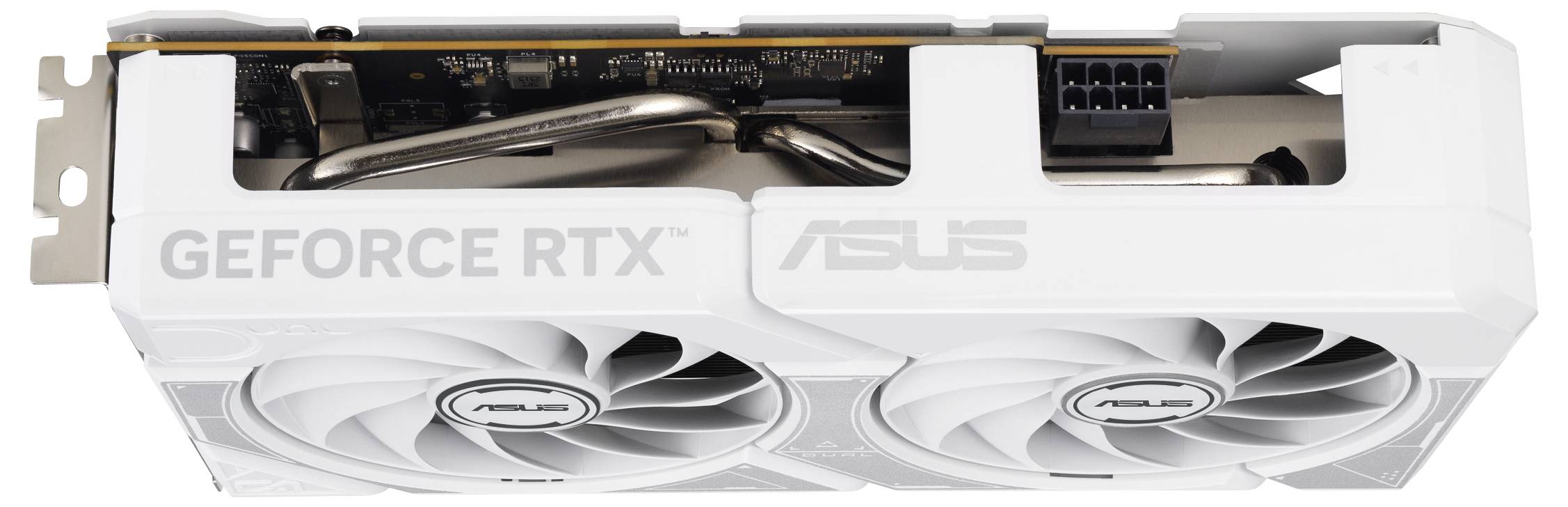 Eine weiße ASUS-Grafikkarte mit Doppellüftern, 'GEFORCE RTX'-Branding und sichtbaren Stromanschlüssen, entwickelt für verbesserte Spielleistung.