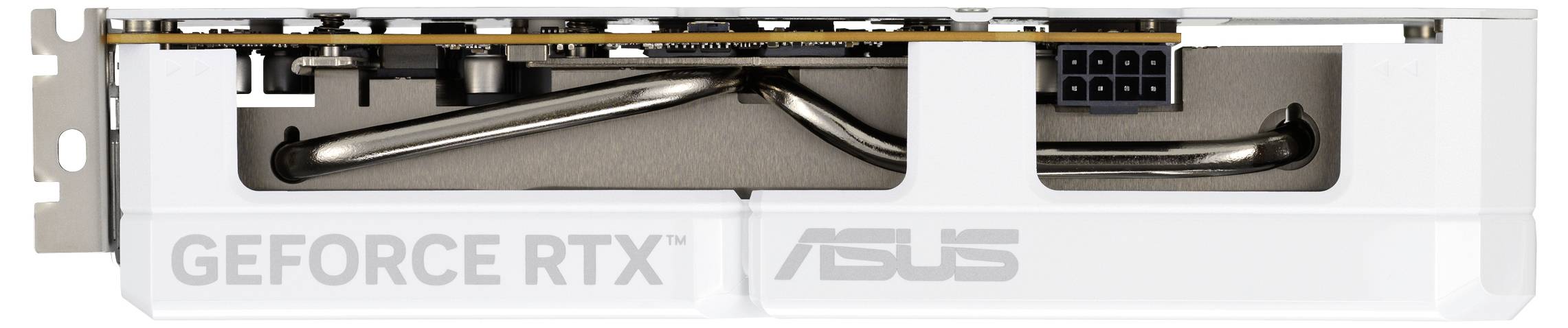 Seitenansicht einer weißen ASUS GeForce RTX Grafikkarte mit Kühlrohren und Stromanschluss.
