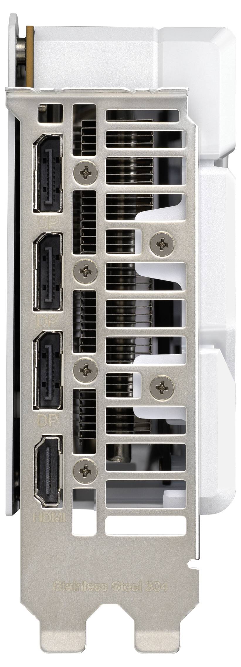 Das Bild zeigt die Rückseite einer Grafikkarte mit vier vertikal übereinander angeordneten HDMI-Anschlüssen.