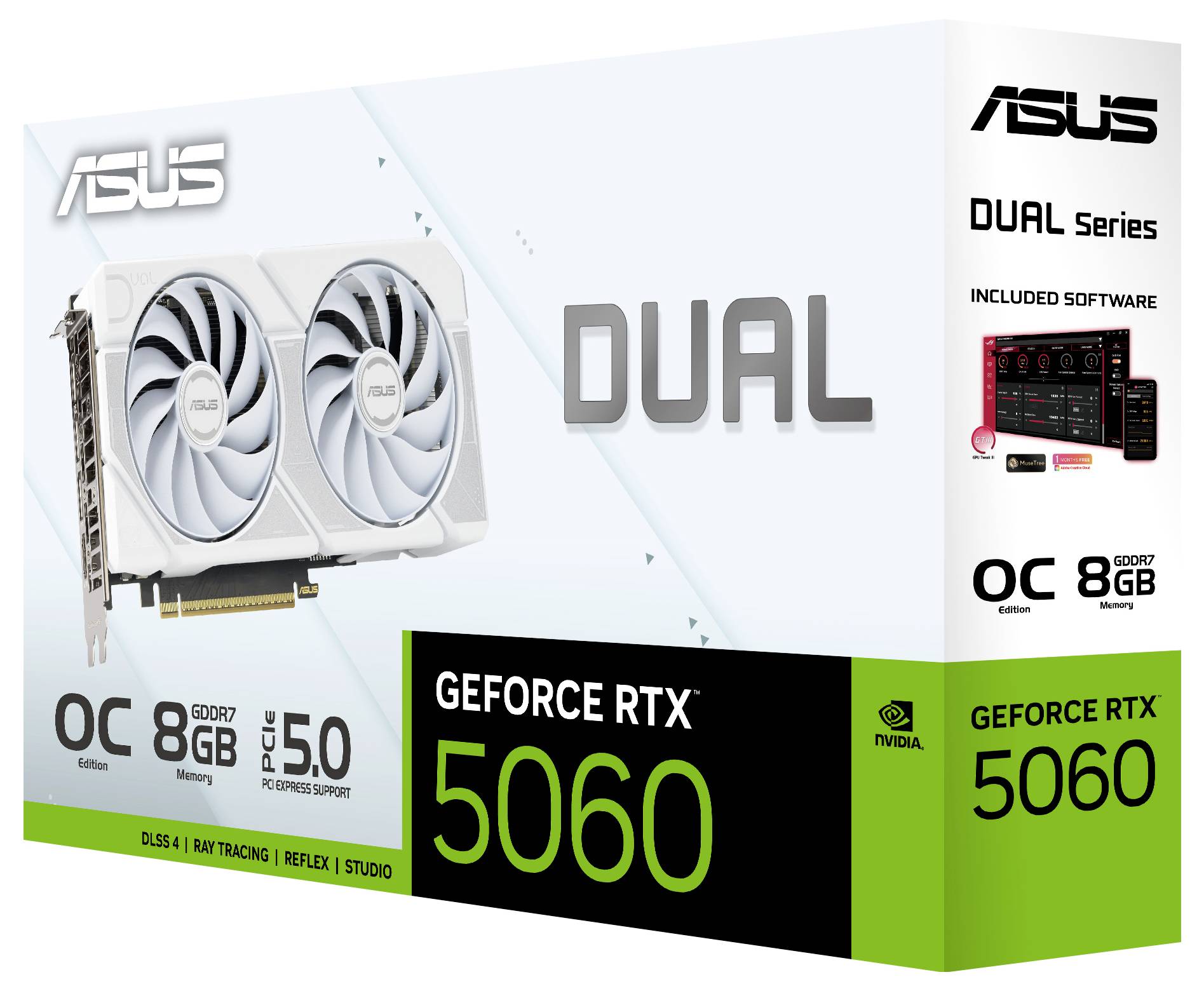 Das Bild zeigt eine Verpackung für eine ASUS Dual Series GeForce RTX 5060 Grafikkarte mit Funktionen wie OC Edition, 8GB GDDR6, PCIe 5.0.
