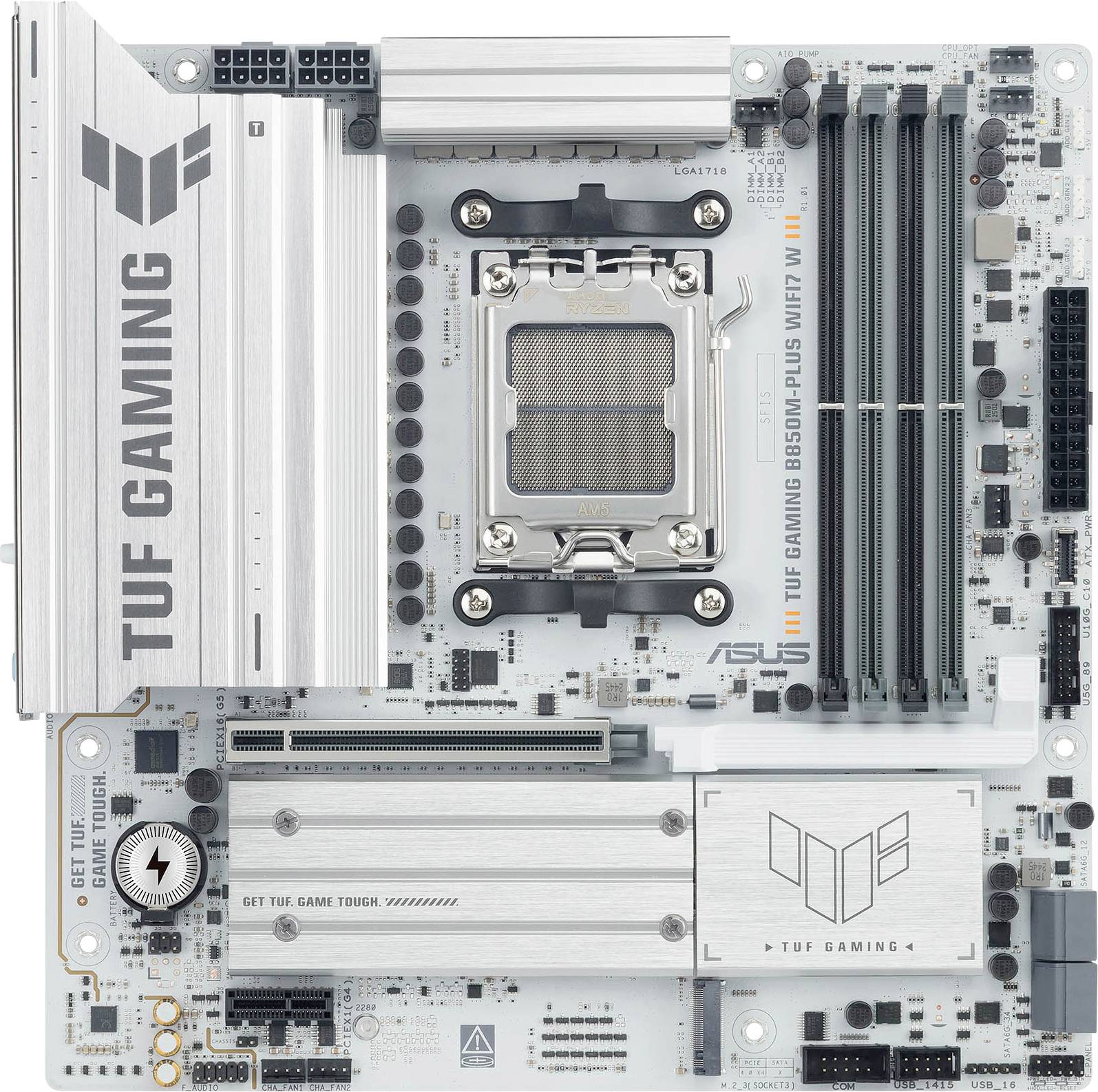 TUF Gaming B560M-PLUS WIFI Mainboard mit silbernen Kühlkörpern, mehreren Erweiterungssteckplätzen und vier RAM-Steckplätzen.
