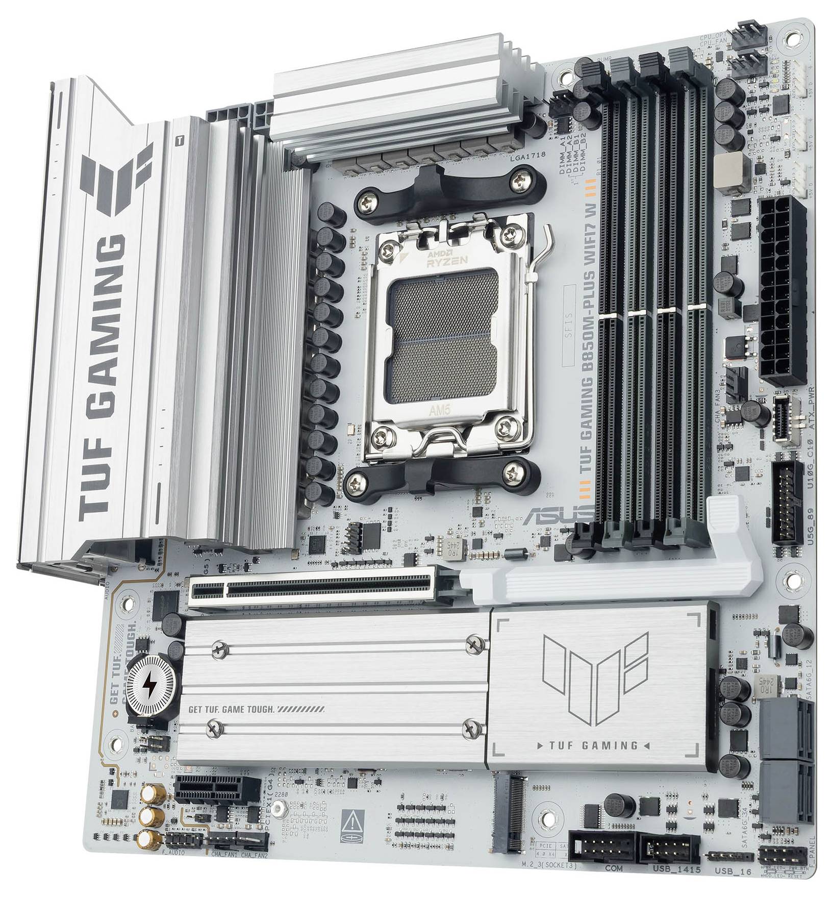 Nahaufnahme eines TUF Gaming-Mainboards mit metallischem Design, sichtbaren Anschlüssen, Steckplätzen und Kühlkörpern, die für Gaming-PCs geeignet sind.
