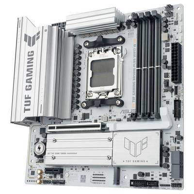Nahaufnahme eines TUF Gaming-Mainboards mit metallischem Design, sichtbaren Anschlüssen, Steckplätzen und Kühlkörpern, die für Gaming-PCs geeignet sind.