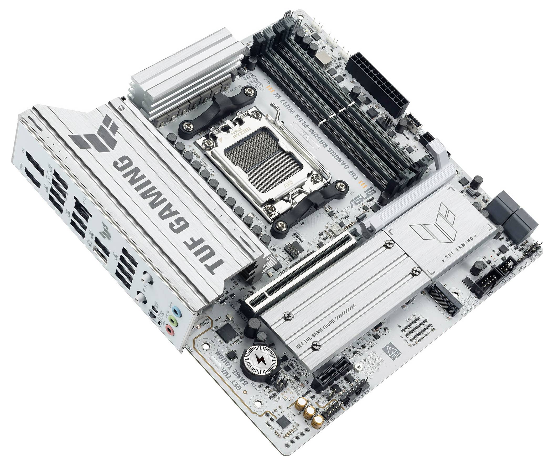 Ein grauer TUF Gaming Motherboard, der mehrere Anschlüsse, RAM-Steckplätze und einen zentralen CPU-Sockel zeigt, entwickelt für High-Performance-Computing.