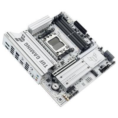 Ein grauer TUF Gaming Motherboard, der mehrere Anschlüsse, RAM-Steckplätze und einen zentralen CPU-Sockel zeigt, entwickelt für High-Performance-Computing.