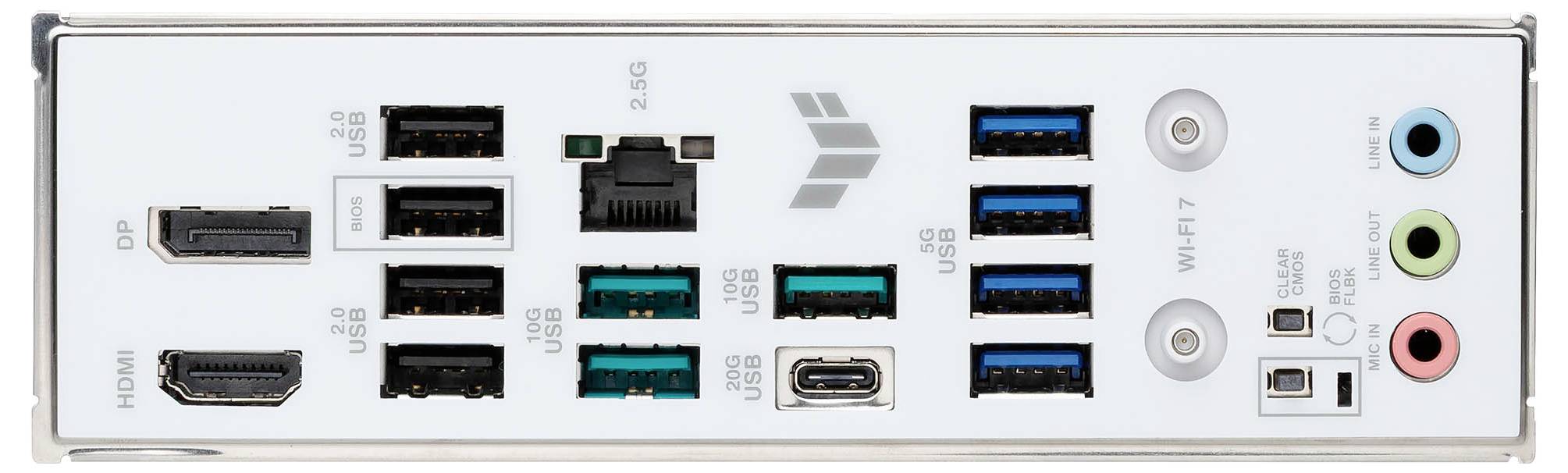 Rückseite eines Computermotherboards mit verschiedenen Anschlüssen, einschließlich HDMI, USB Typ A und C, Ethernet, Audiobuchsen und weiteren Anschlüssen.