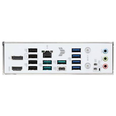 Rückseite eines Computermotherboards mit verschiedenen Anschlüssen, einschließlich HDMI, USB Typ A und C, Ethernet, Audiobuchsen und weiteren Anschlüssen.