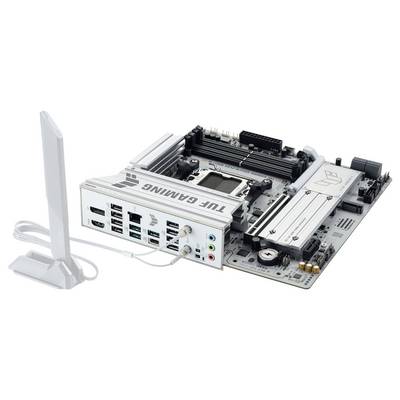 ASUS TUF Gaming Mainboard mit mehreren Anschlüssen, zwei RAM-Steckplätzen und einer WLAN-Antenne; entwickelt für High-Performance Gaming-Setups.
