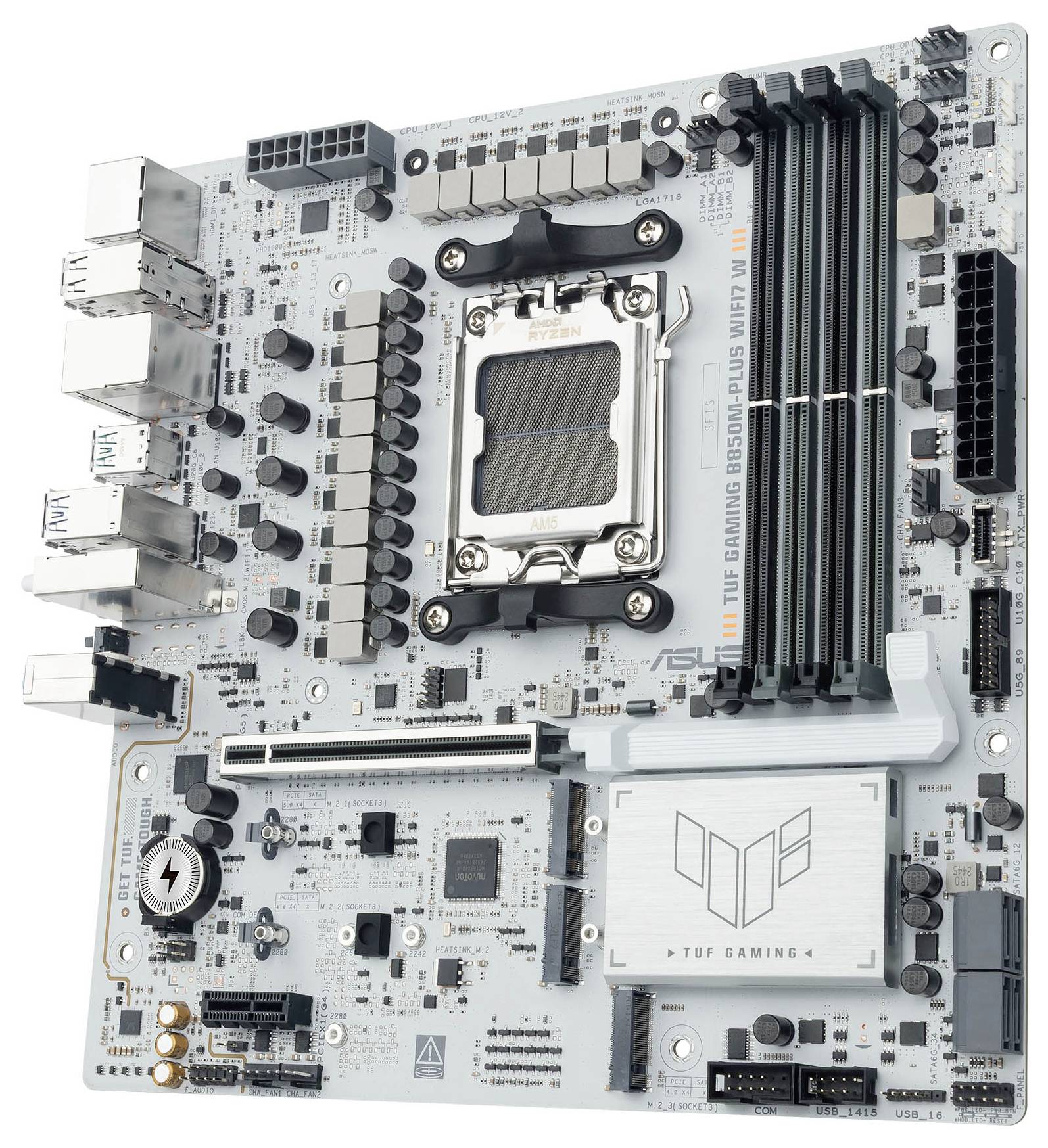 Eine graue Computermotherboard mit mehreren Steckplätzen und Anschlüssen, beschriftet mit 'ASUS TUF Gaming B560M-Plus WiFi V2', die fortschrittliche Komponenten präsentiert.
