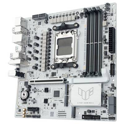 Eine graue Computermotherboard mit mehreren Steckplätzen und Anschlüssen, beschriftet mit 'ASUS TUF Gaming B560M-Plus WiFi V2', die fortschrittliche Komponenten präsentiert.