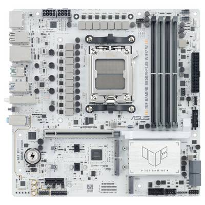 ASUS TUF Gaming B560M-PLUS WIFI Mainboard mit mehreren PCI-Steckplätzen, Speichersteckplätzen, CPU-Sockel und integriertem Kühlkörper; speziell für Gaming entwickelt.