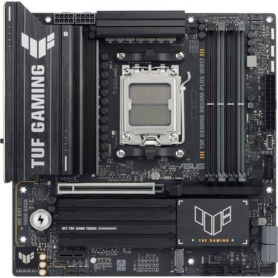 Computermotherboard mit der Bezeichnung 'TUF GAMING B550M-PLUS' mit Sockel und Steckplätzen für Komponenten, speziell für Gaming-Zwecke entwickelt.