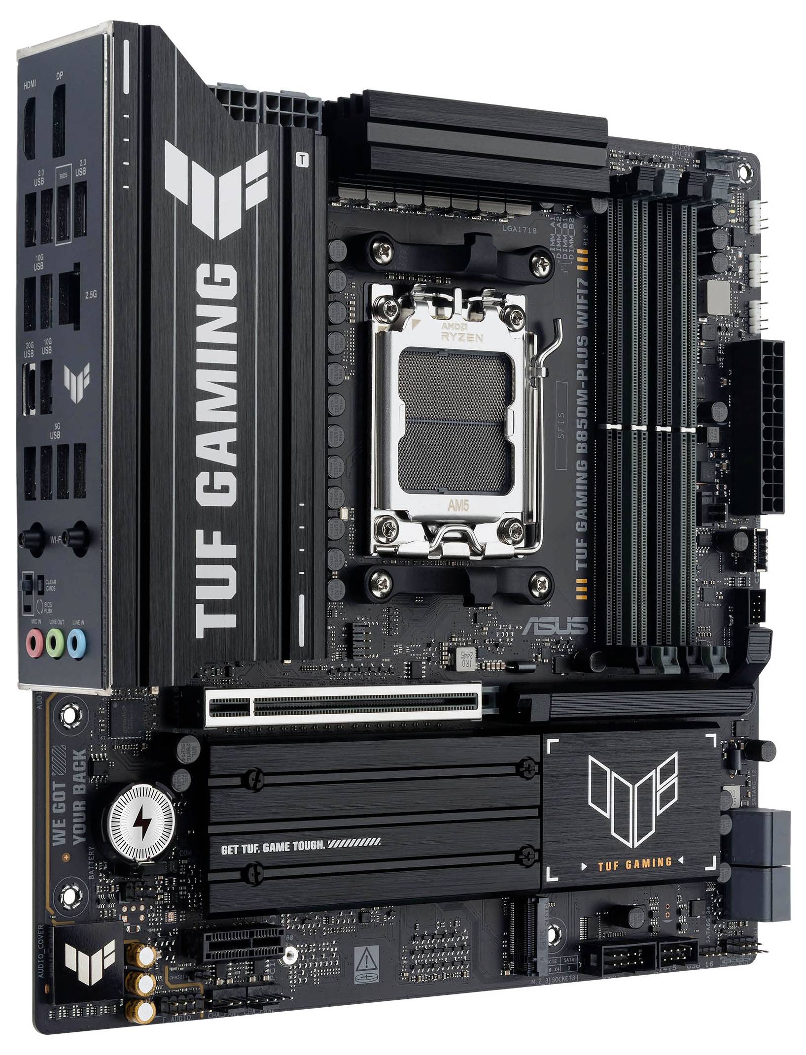 Gaming-Mainboard mit schwarz-silbernem Design, das mehrere Steckplätze für RAM und Erweiterungskarten aufweist. Branding lautet 'TUF GAMING'.