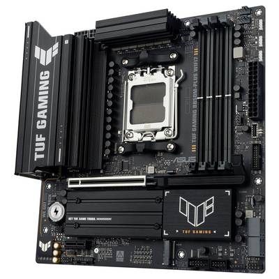 Eine 'TUF Gaming' Serie Motherboard mit Sockel für Intel-CPUs, mehreren Steckplätzen für Arbeitsspeicher und verschiedenen Anschlüssen für Peripheriegeräte.