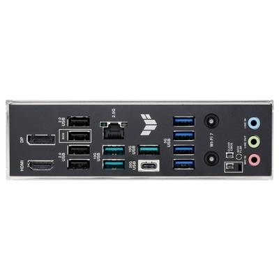 Das Bild zeigt die Rück-Input/Output-Platine eines Computermotherboards mit verschiedenen Anschlüssen, darunter HDMI, DisplayPort, USB, Ethernet und Audioports.