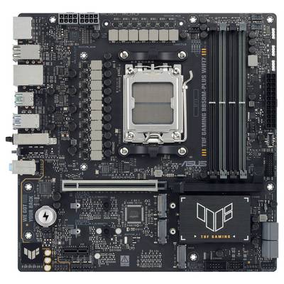 Eine Nahaufnahme eines schwarzen ASUS TUF Gaming B560M-PLUS WiFi Mainboards, die den CPU-Sockel, RAM-Steckplätze, PCIe-Steckplätze und verschiedene Anschlüsse zeigt.