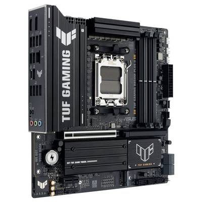 ASUS TUF Gaming Mainboard mit CPU-Sockel, RAM-Steckplätzen und Kühlkörpern, das das robuste Design für Gaming und hohe Leistung hervorhebt.