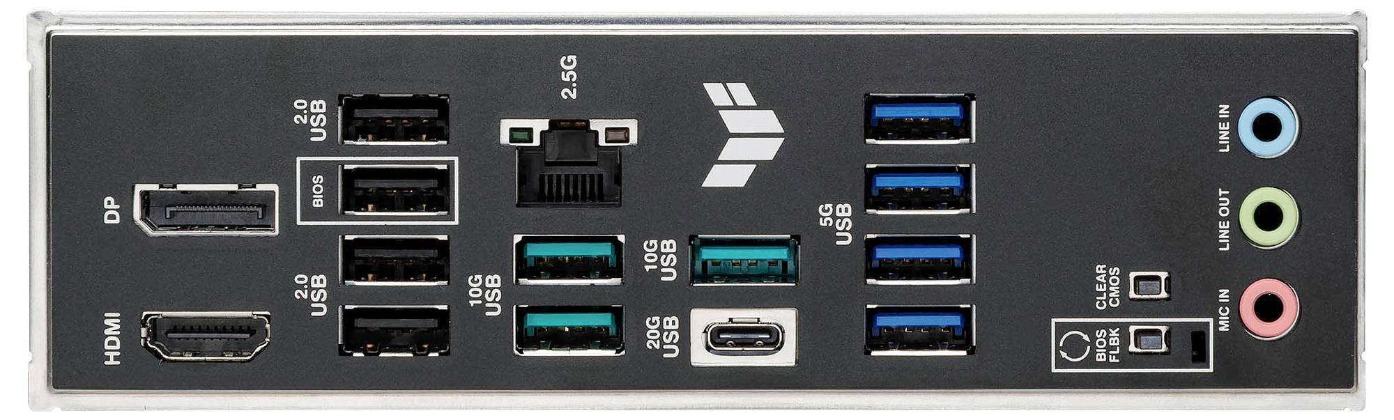 Rückseite einer Hauptplatine mit mehreren USB-Anschlüssen, HDMI- und DisplayPort-Anschlüssen, Ethernet-Port, Audioausgängen und einem Clear-CMOS-Knopf.