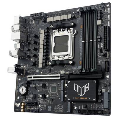 'TUF Gaming B650M-PLUS WIFI' Mainboard mit Steckplätzen für Arbeitsspeicher, CPU-Sockel und verschiedenen Anschlüssen, entwickelt für Gaming und Leistung.
