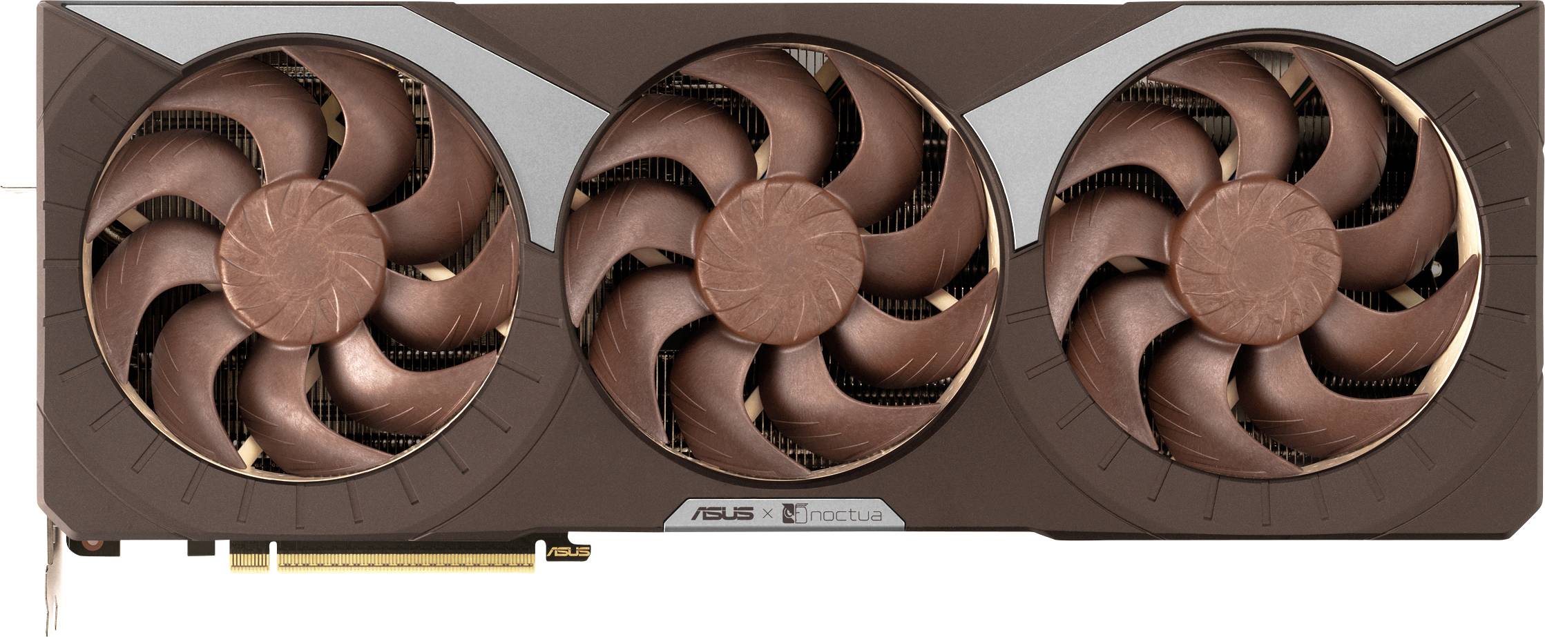 Eine Grafikkarte mit drei großen Lüftern, versehen mit den Logos von 'ASUS' und 'Noctua', entwickelt für verbesserte Kühlung und Leistung.
