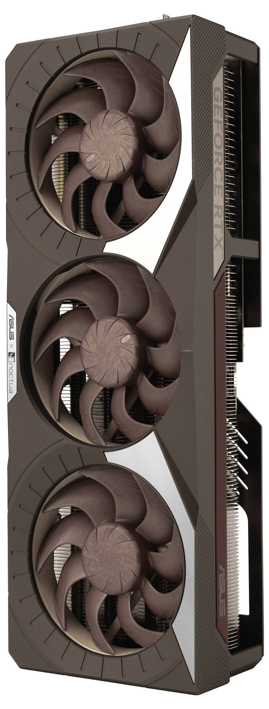 Eine Grafikkarte mit drei großen Kühlventilatoren, mit der Aufschrift "GeForce RTX", die ein schlankes, eckiges Design aufweist.