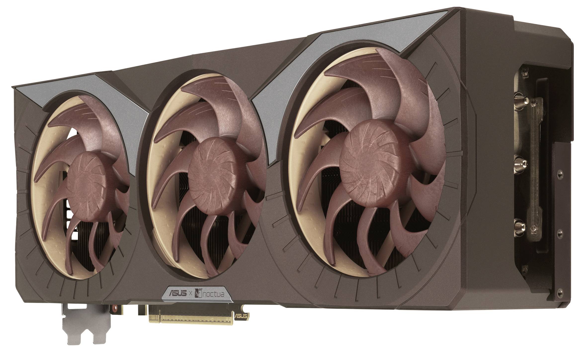 Eine Grafikkarte mit drei großen Kühlventilatoren in einem braun-beigen Farbschema, die für High-Performance-Gaming oder anspruchsvolle Rechenaufgaben entwickelt wurde.