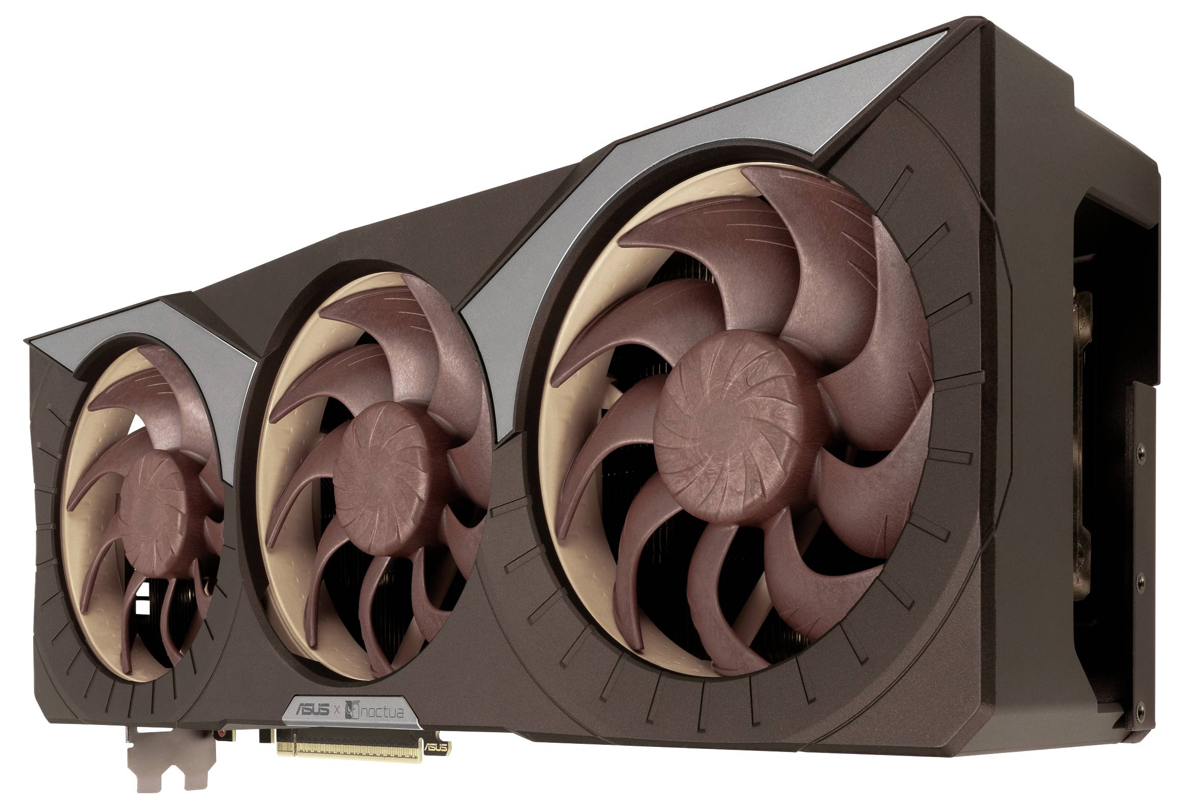 Eine braune und beige Grafikkarte mit drei großen Lüftern, entwickelt für Computerhardware und zur Steigerung der Spieleleistung.