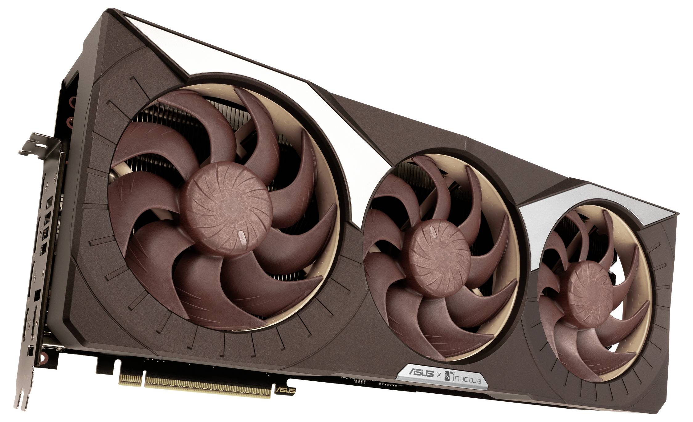 Eine Computergrafikkarte mit drei großen Kühlventilatoren und sichtbarer Markierung. Sie hat ein modernes Design und wird zur Grafikdarstellung verwendet.