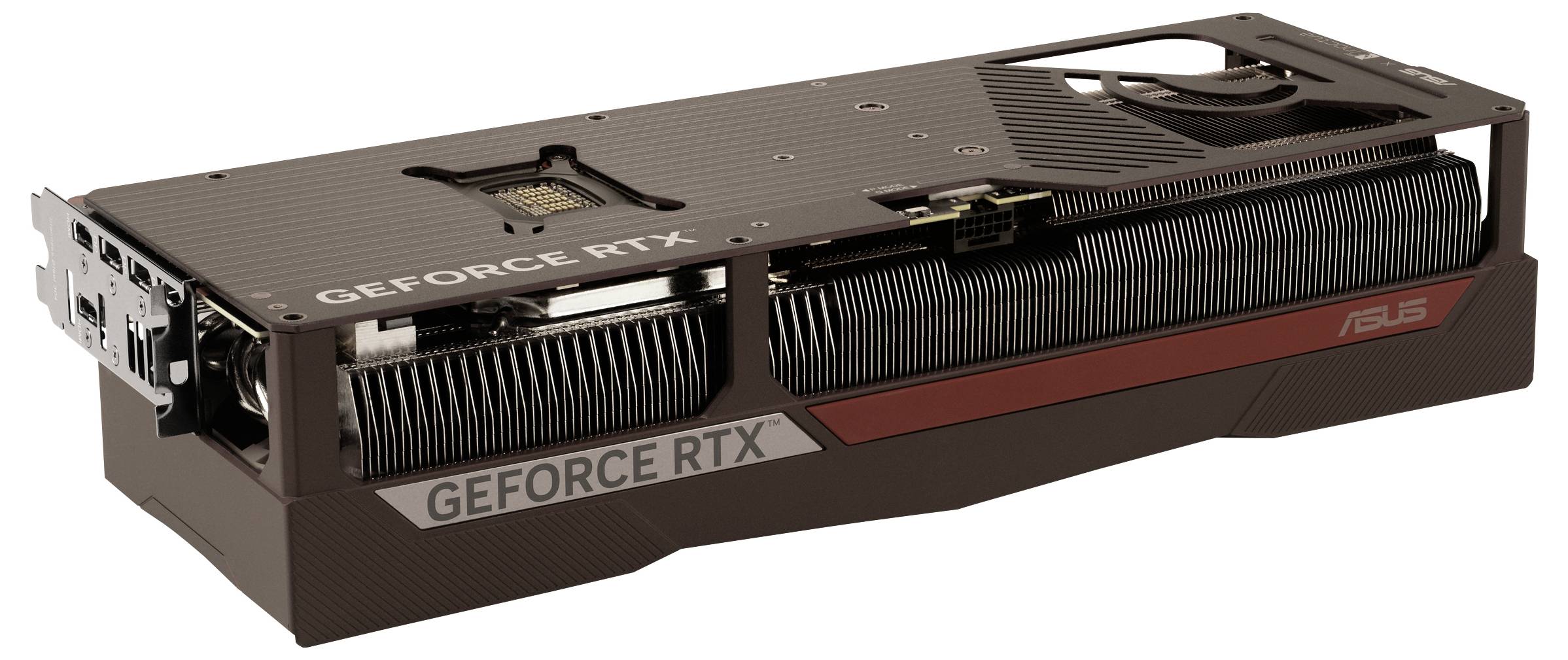 Eine schwarze und braune Nvidia GeForce RTX Grafikkarte mit sichtbaren Kühlkomponenten und Anschlussports an der Seite.