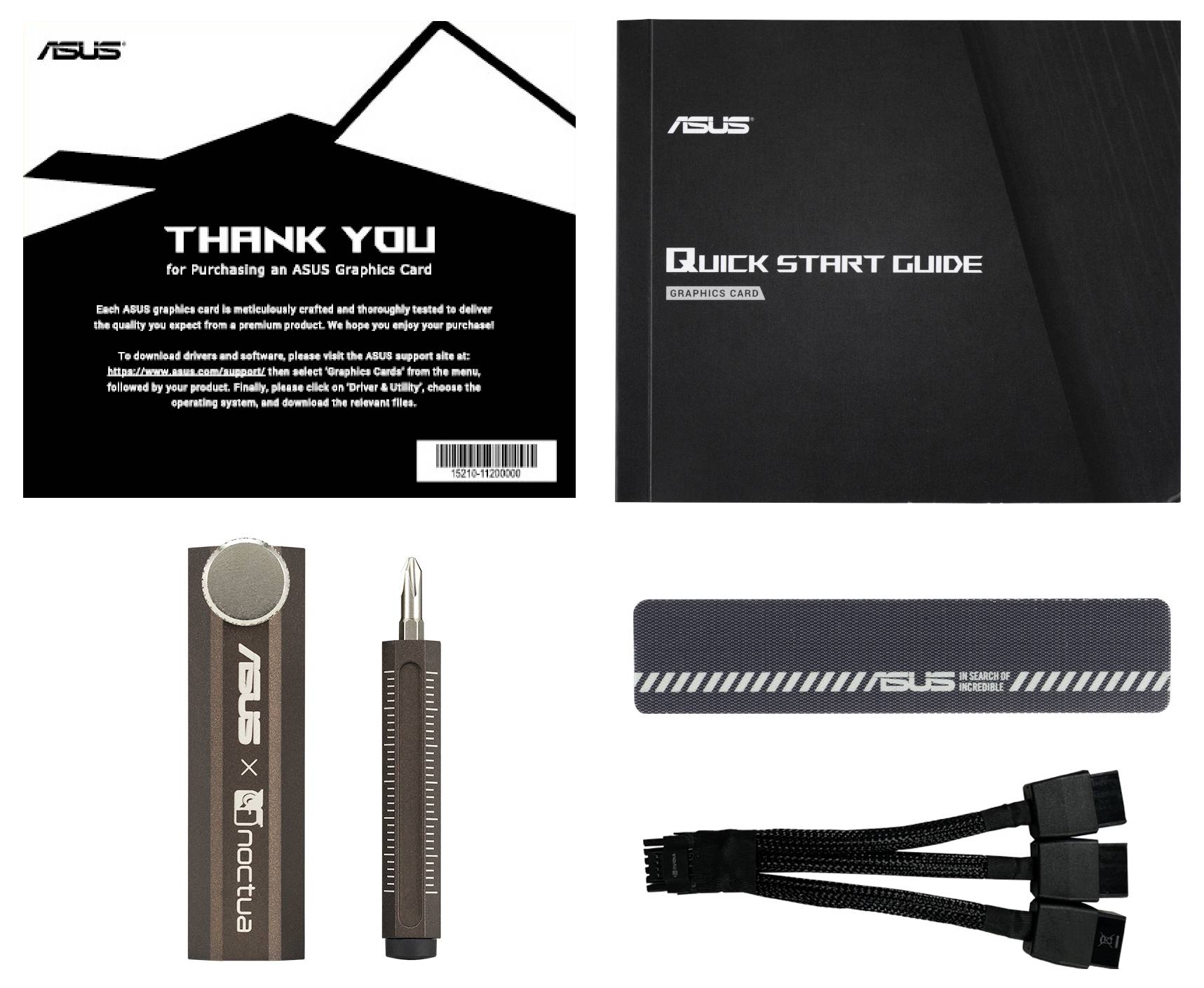 'ASUS Grafikkarten-Zubehör: Dankeskarte, Schnellstartanleitung, Schraubendreher mit Bits, Kabelbinder und Netzteil-Adapter.'