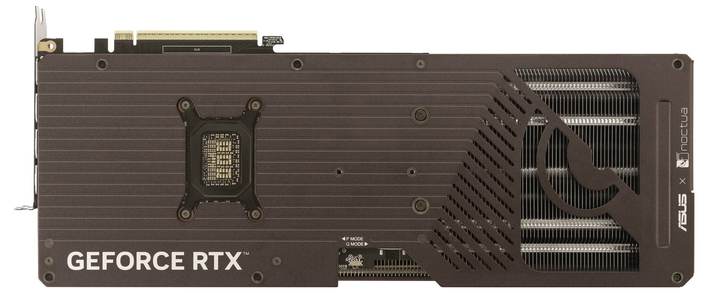 Eine Grafikkarte mit der Bezeichnung GEFORCE RTX, versehen mit ASUS- und Noctua-Branding, die Kühlkomponenten und Anschlüsse am Rand präsentiert.