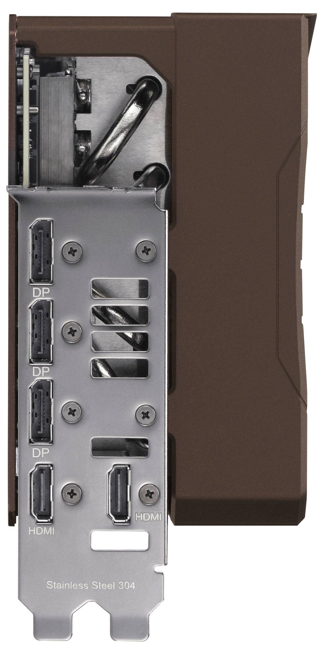 Grafikkarte mit Edelstahlhalterung mit Anschlüssen für drei DisplayPorts und zwei HDMI-Buchsen. Braune Gehäuseverkleidung sichtbar.