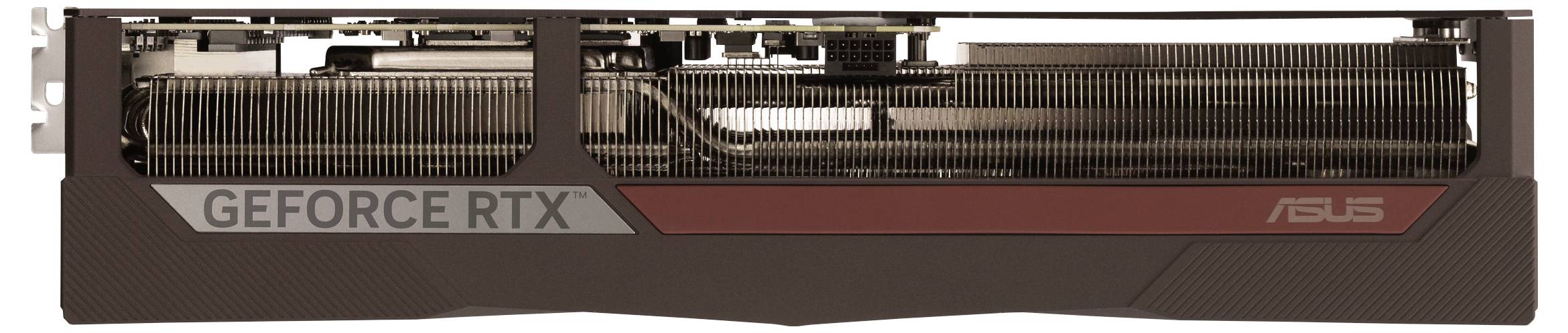Eine Grafikkarte mit 'GEFORCE RTX' und 'ASUS' Branding. Die Karte verfügt über ein sichtbares Kühlsystem mit mehreren Kühlkörpern.
