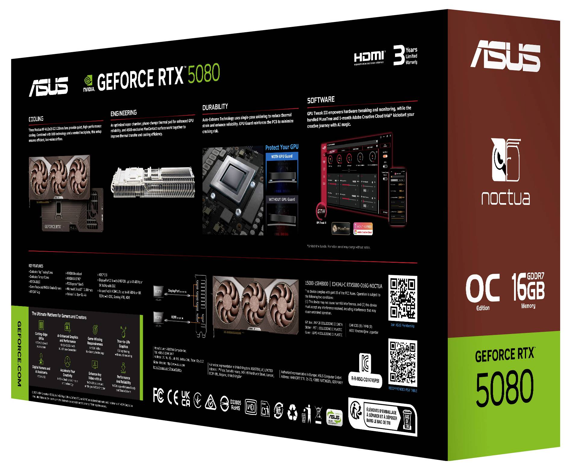 ASUS GeForce RTX 5080 Grafikkarte mit Merkmalen wie Doppellüfter, Kühlungstechnologie, verstärkter Haltbarkeit und 16 GB Arbeitsspeicher.