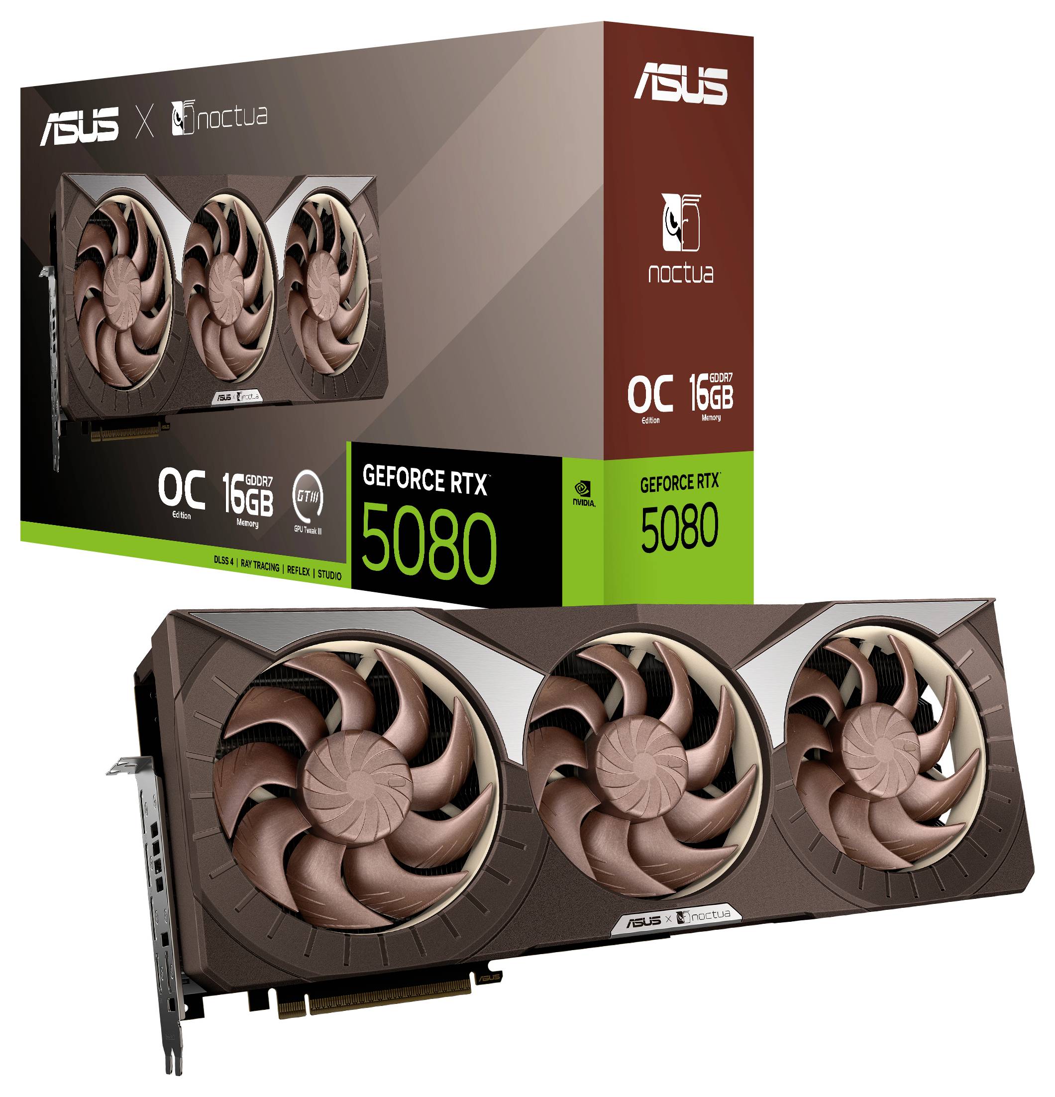 Eine braune GeForce RTX 5080 Grafikkarte von ASUS und Noctua, gezeigt mit ihrer Verpackungsschachtel. Eigenschaften umfassen OC-Edition und 16 GB Arbeitsspeicher.