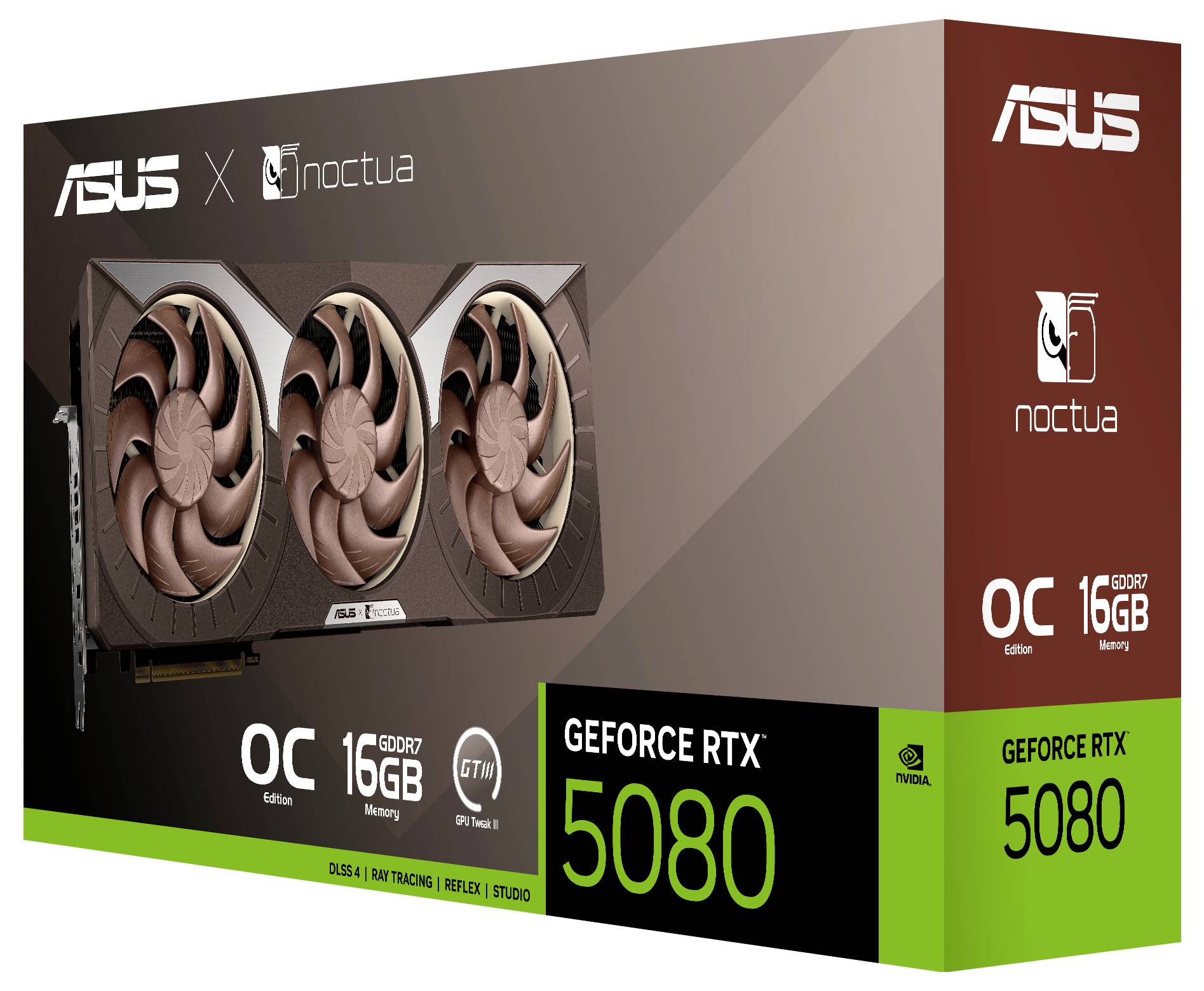 ASUS und Noctua präsentieren eine Verpackung für die GeForce RTX 5080 Grafikkarte, mit OC Edition, 16GB GDDR7 Speicher, Raytracing und DLSS 4.