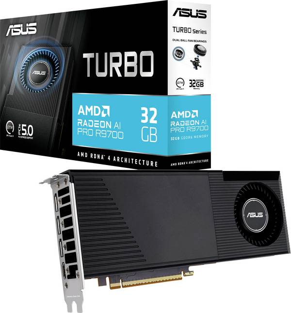 Asus Grafikkarte AMD Radeon AI Pro R9700 AMD Radeon AI Pro R9700  32 GB GDDR6-VRAM PCIe  HDMI®, DisplayPort 2.1 Übertaktet / Overclocked