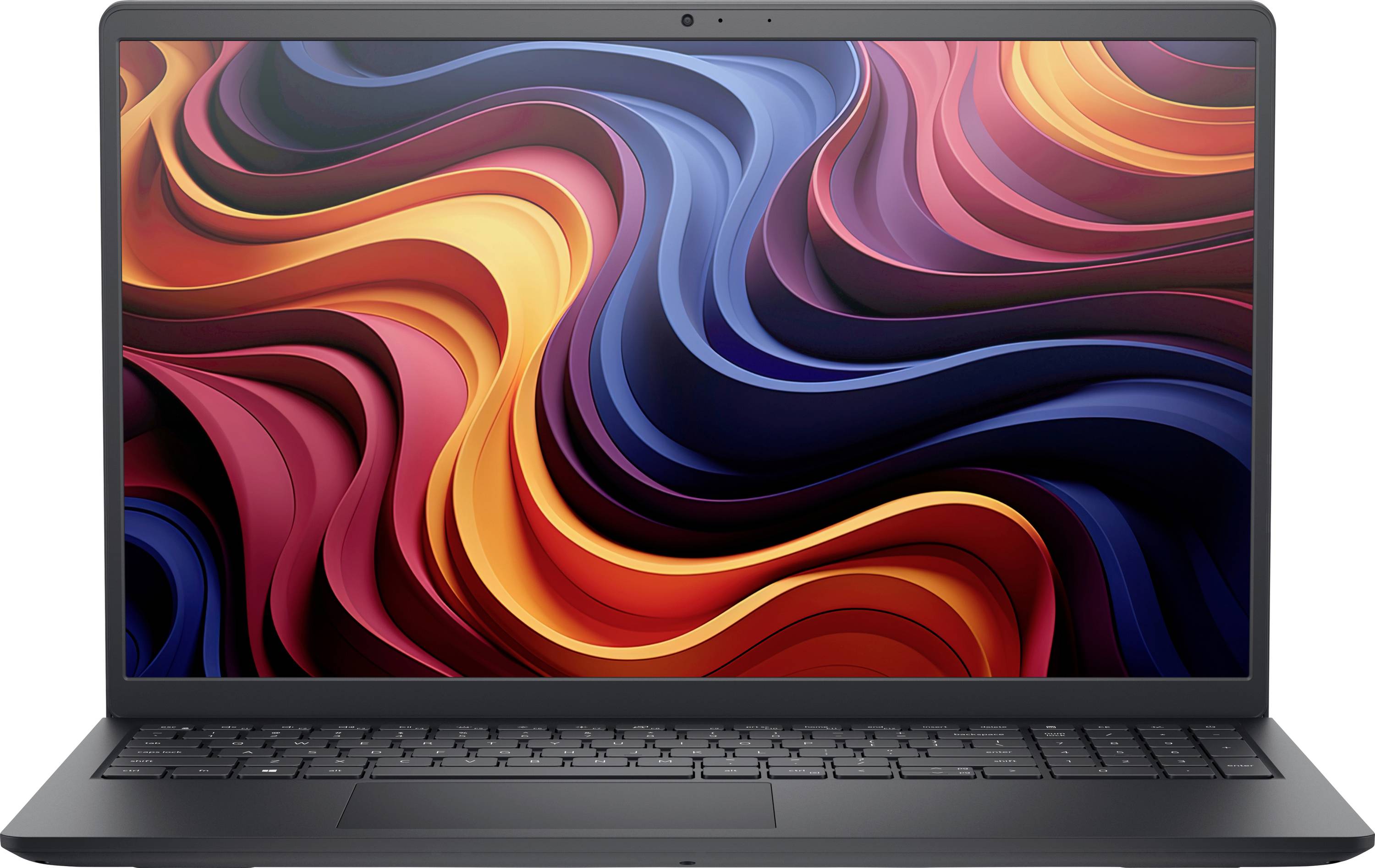 Ein Laptop mit einem bunten abstrakten Wirbelmuster auf dem Bildschirm, das Rot-, Orange- und Blautöne ineinander verschmelzen lässt. Die Tastatur und das Trackpad sind sichtbar.