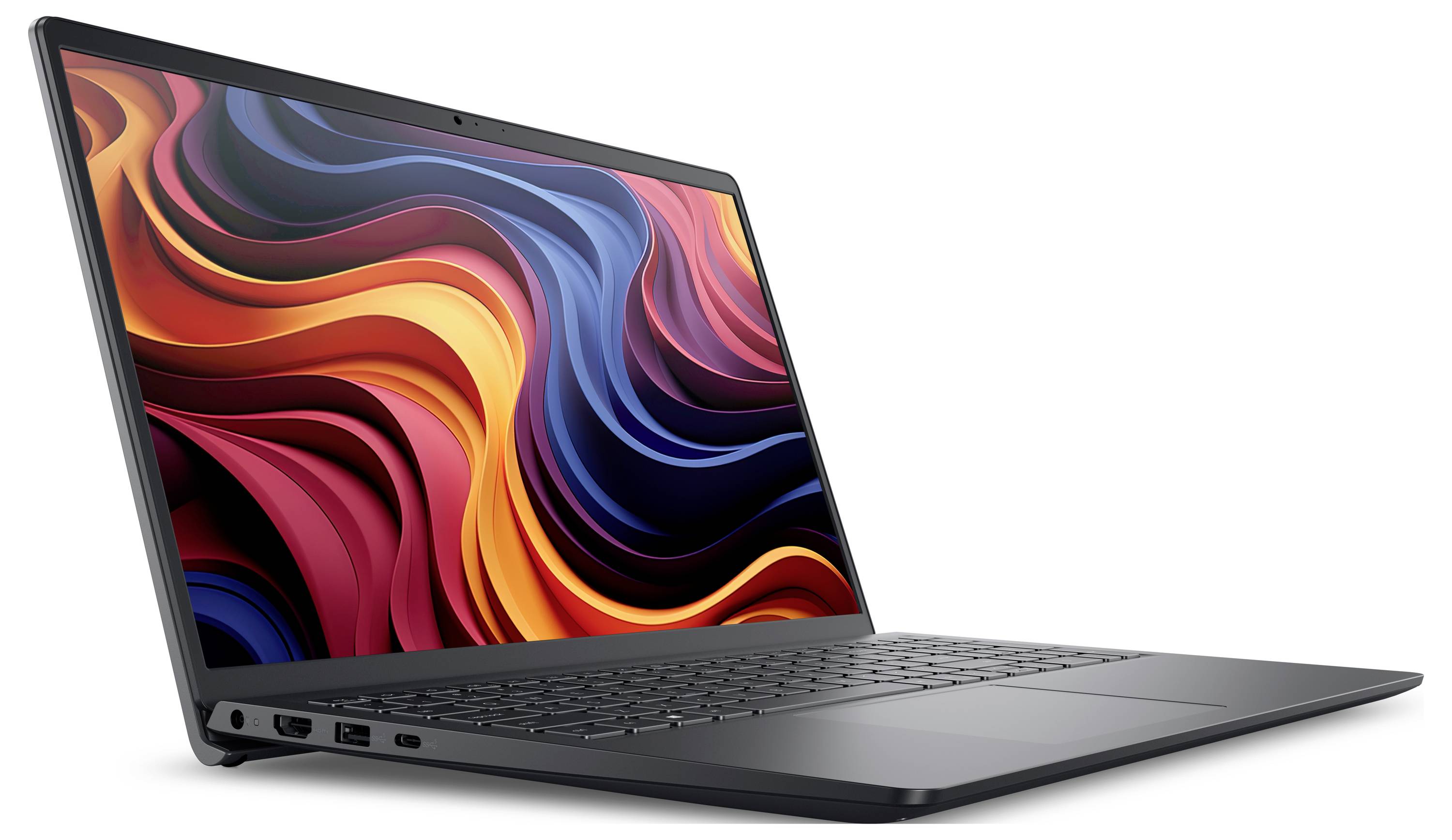 Ein schlanker, dünner Laptop mit einem lebendigen, abstrakten Wirbeldesign auf dem Bildschirm, präsentiert auf weißem Hintergrund, der seine moderne Ästhetik betont.