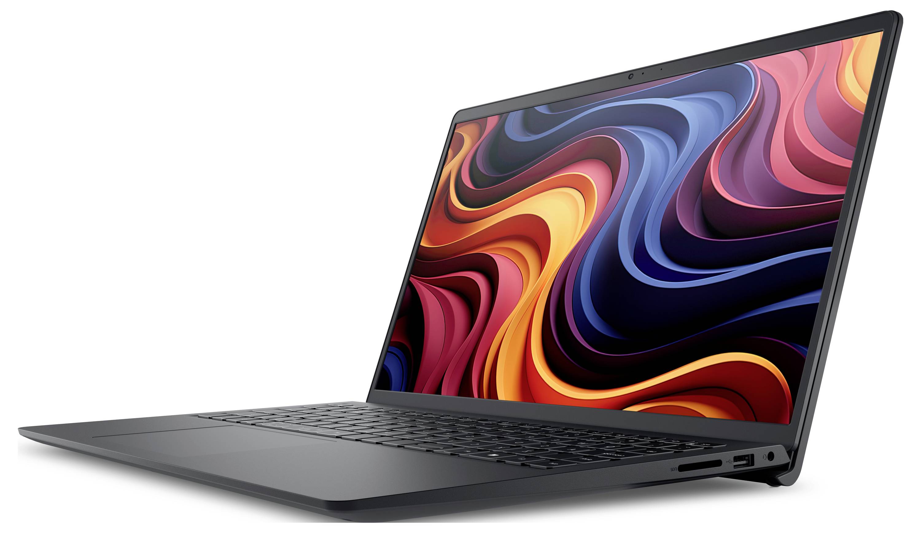 Ein schlanker, geöffneter Laptop, der auf dem Bildschirm ein lebendiges, abstraktes Wirbel-Design zeigt. Der Laptop ist geneigt und präsentiert ein minimalistisches Design.