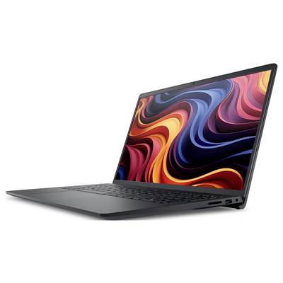 Ein schlanker, geöffneter Laptop, der auf dem Bildschirm ein lebendiges, abstraktes Wirbel-Design zeigt. Der Laptop ist geneigt und präsentiert ein minimalistisches Design.