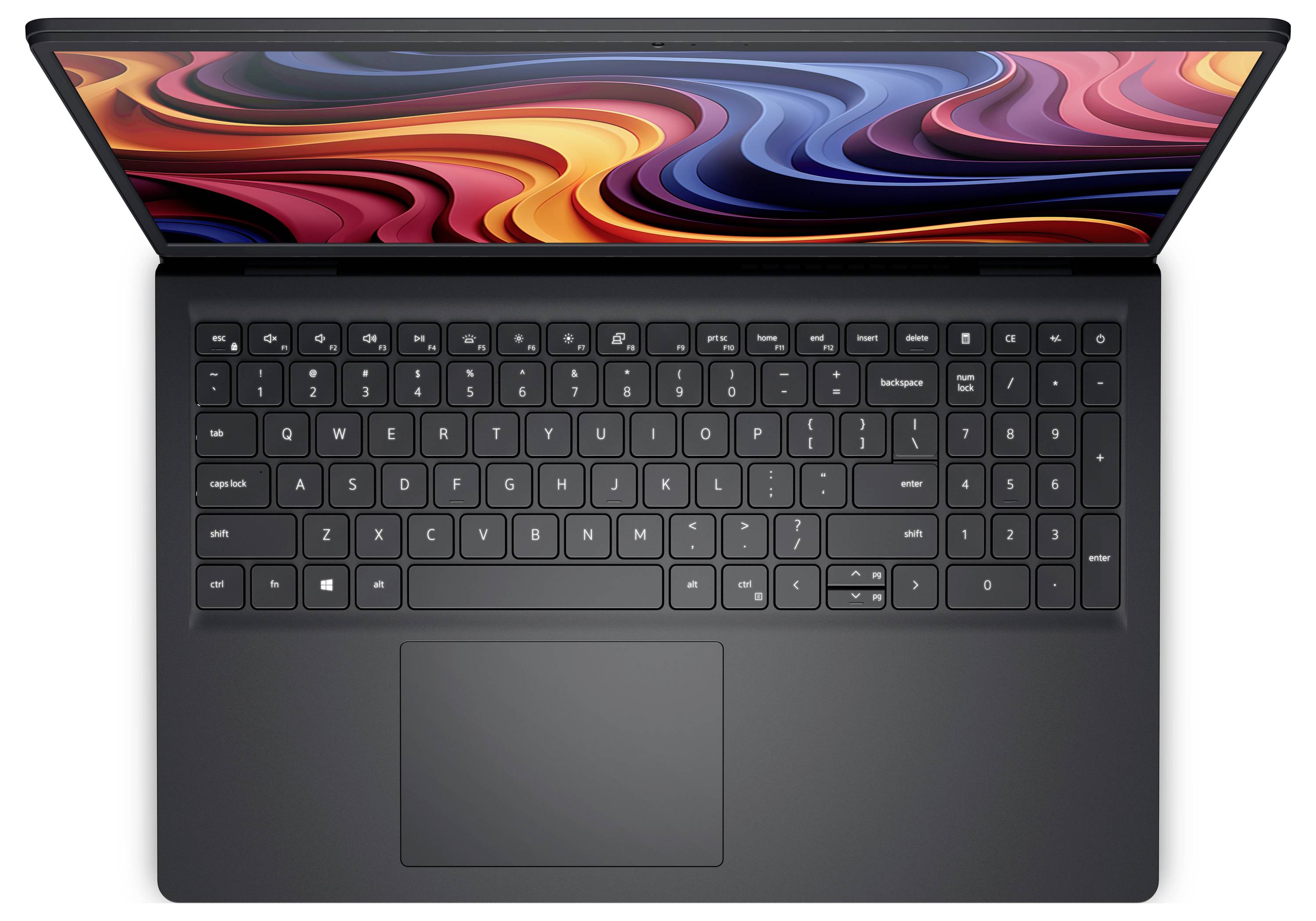Ein schwarzer Laptop mit einem bunten, abstrakten Design auf dem Bildschirm ist geöffnet zu sehen. Die Tastatur und das Touchpad sind sichtbar.