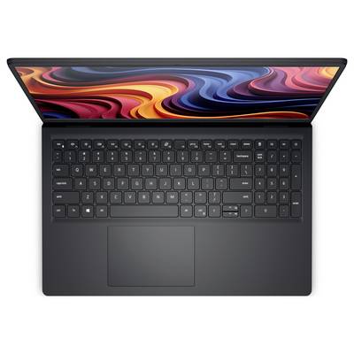 Ein schwarzer Laptop mit einem bunten, abstrakten Design auf dem Bildschirm ist geöffnet zu sehen. Die Tastatur und das Touchpad sind sichtbar.